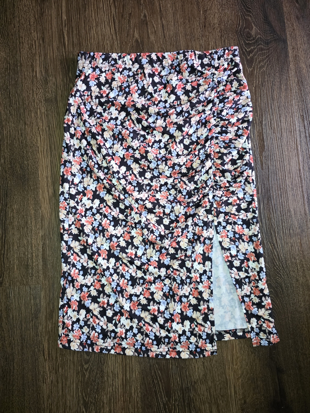 SHEIN Black Floral Midi Skirt with Pink & Cream Blossoms